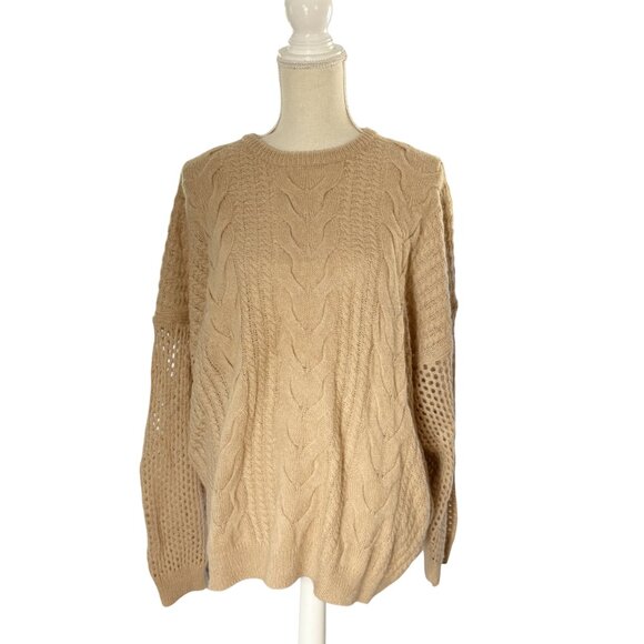 Naadam Open Cable Merino Wool Cashmere Crewneck Pullover sweater XL camel tan - Picture 3 of 12